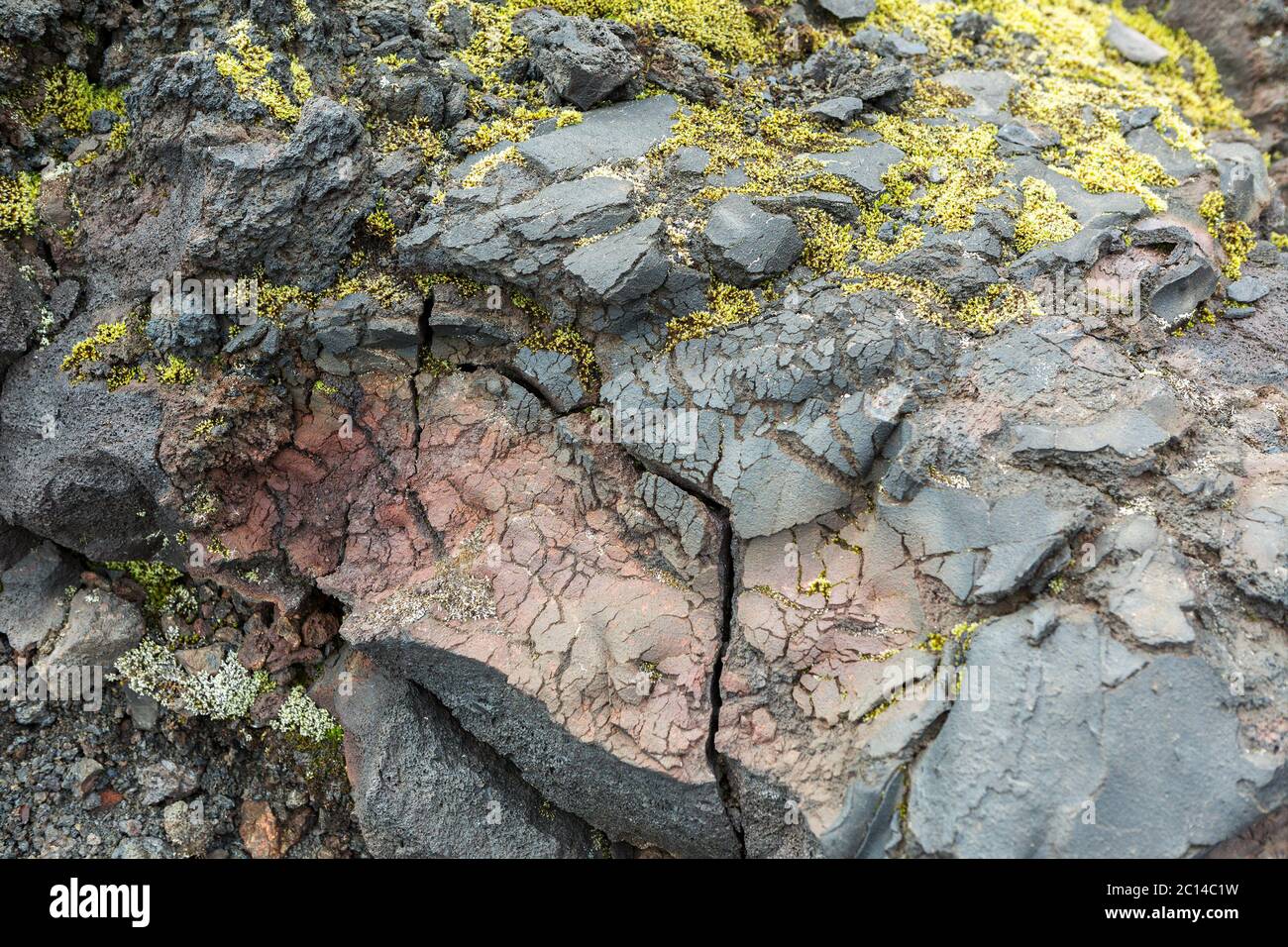 Gefrorene vulkanische Emissionen mit Moos bedeckt. Norden Durchbruch große Tolbachik Fissur Eruption 1975 Stockfoto