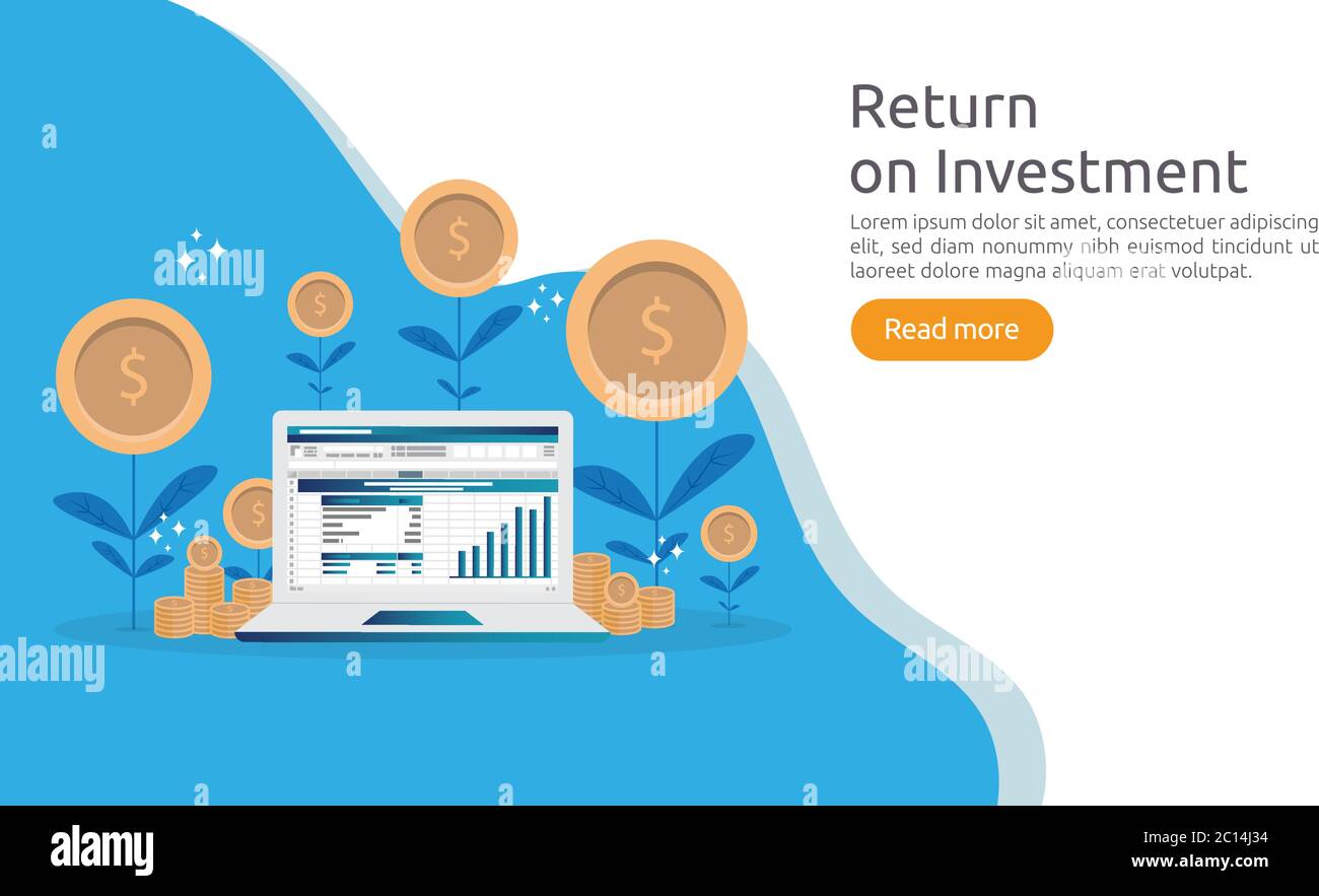 Return Investment ROI oder Wachstum Business Finance Konzept. Erhöhen Sie Gewinn ausdehnen steigt. Flat Stil Vektor Illustration von Marktdaten Stock Vektor