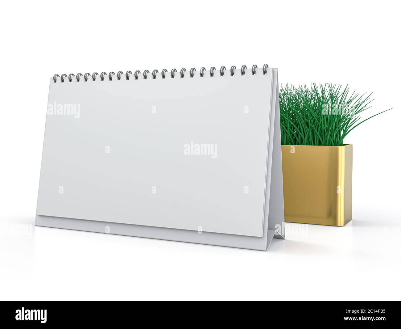 Schreibtisch leeres Kalendermockup auf weißem Hintergrund. 3D-Rendering Stockfoto
