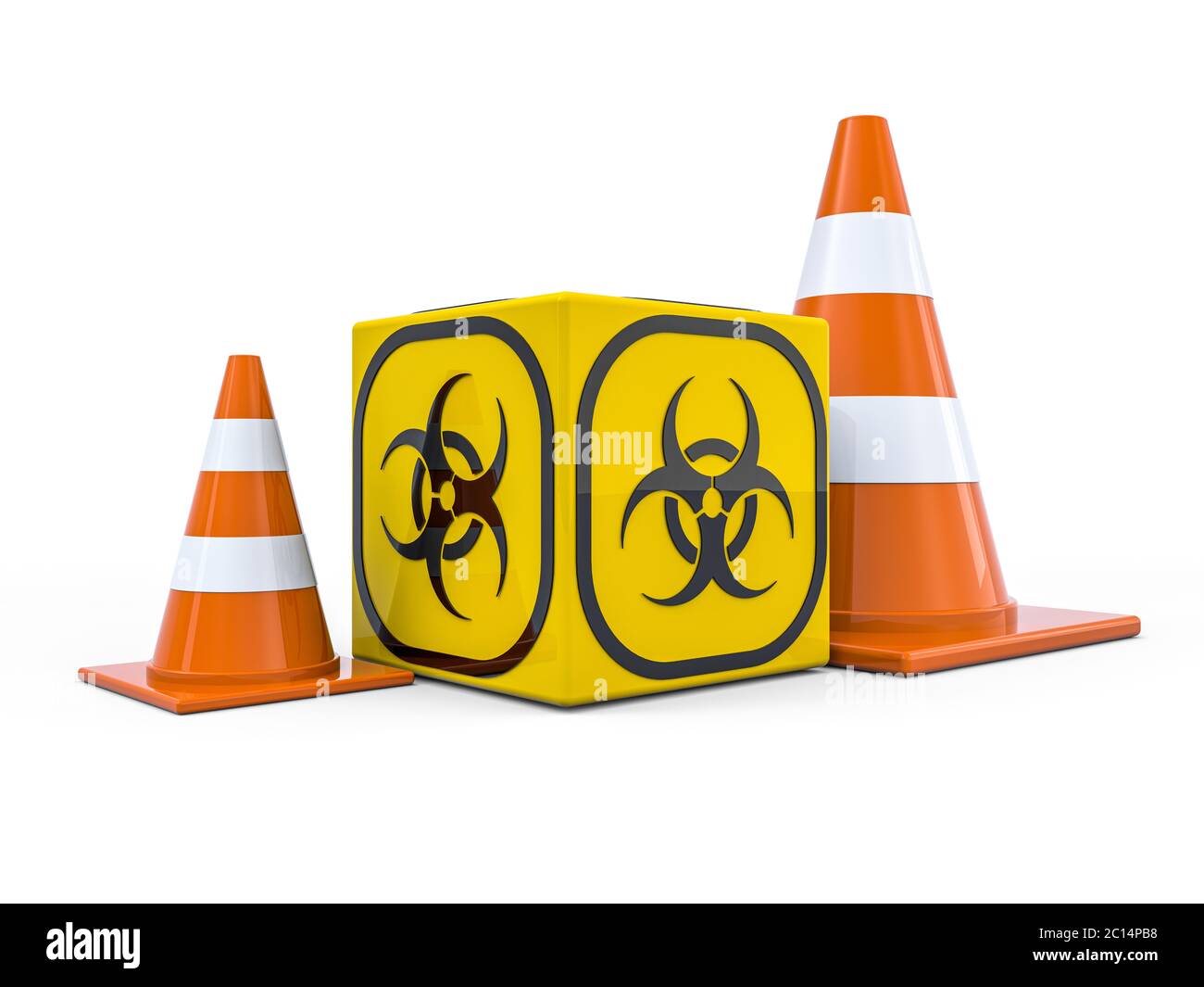 Virus COVID-19, Alarm für Pandemierisiko. Schild für Biohazard. Warnzeichen des Virus. 3D-Rendering Stockfoto