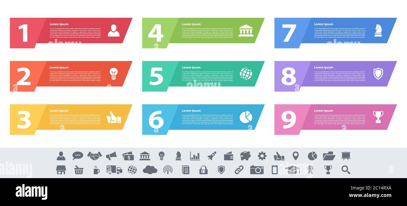 Infografik design Business Konzept Vector Illustration mit 9 Schritte und Optionen oder Prozesse, Arbeitsabläufe oder Diagramm oder Web button Banner dar Stock Vektor