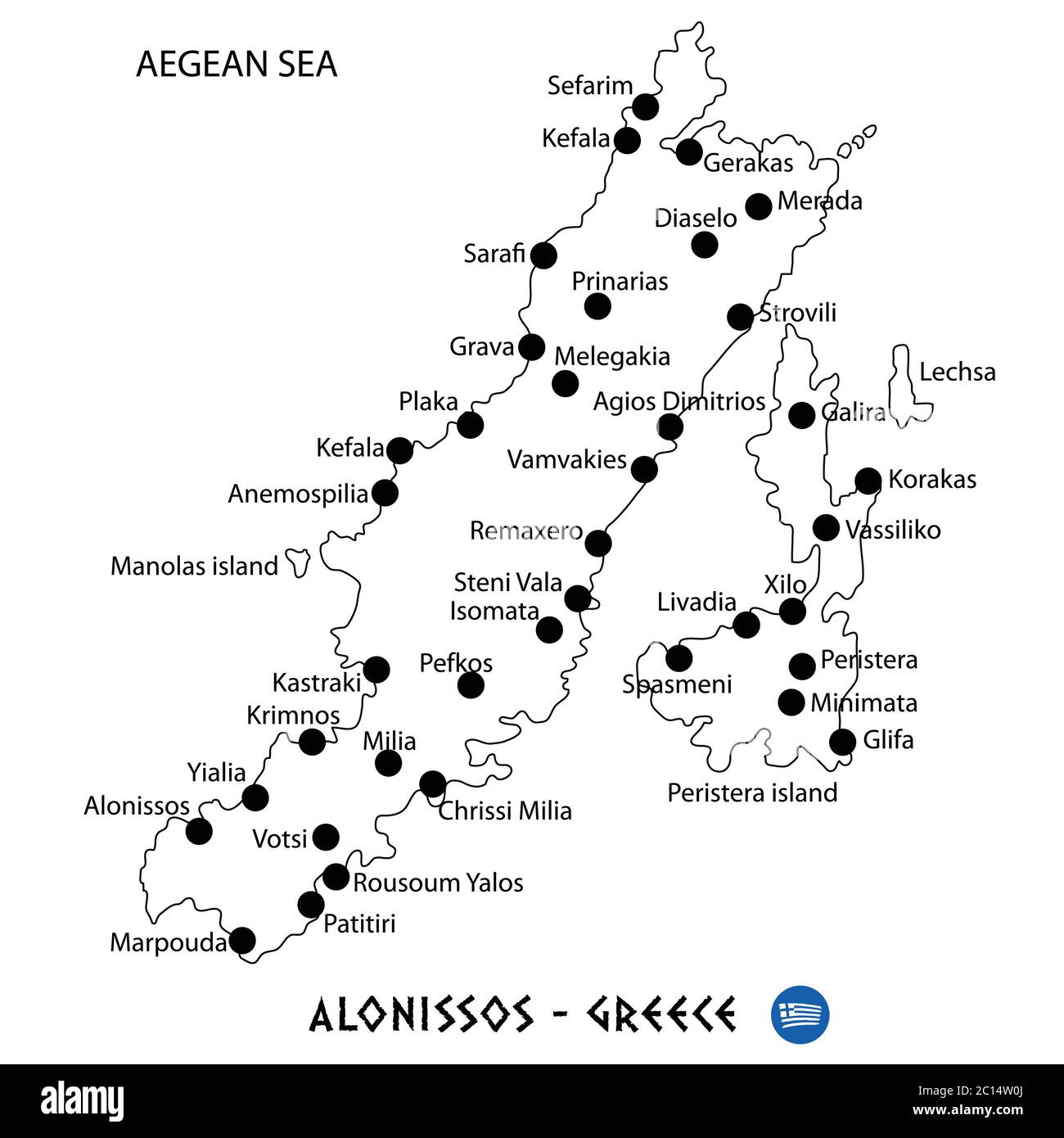 Insel Alonissos in Griechenland Kartenkunst auf weißem Hintergrund Stock Vektor