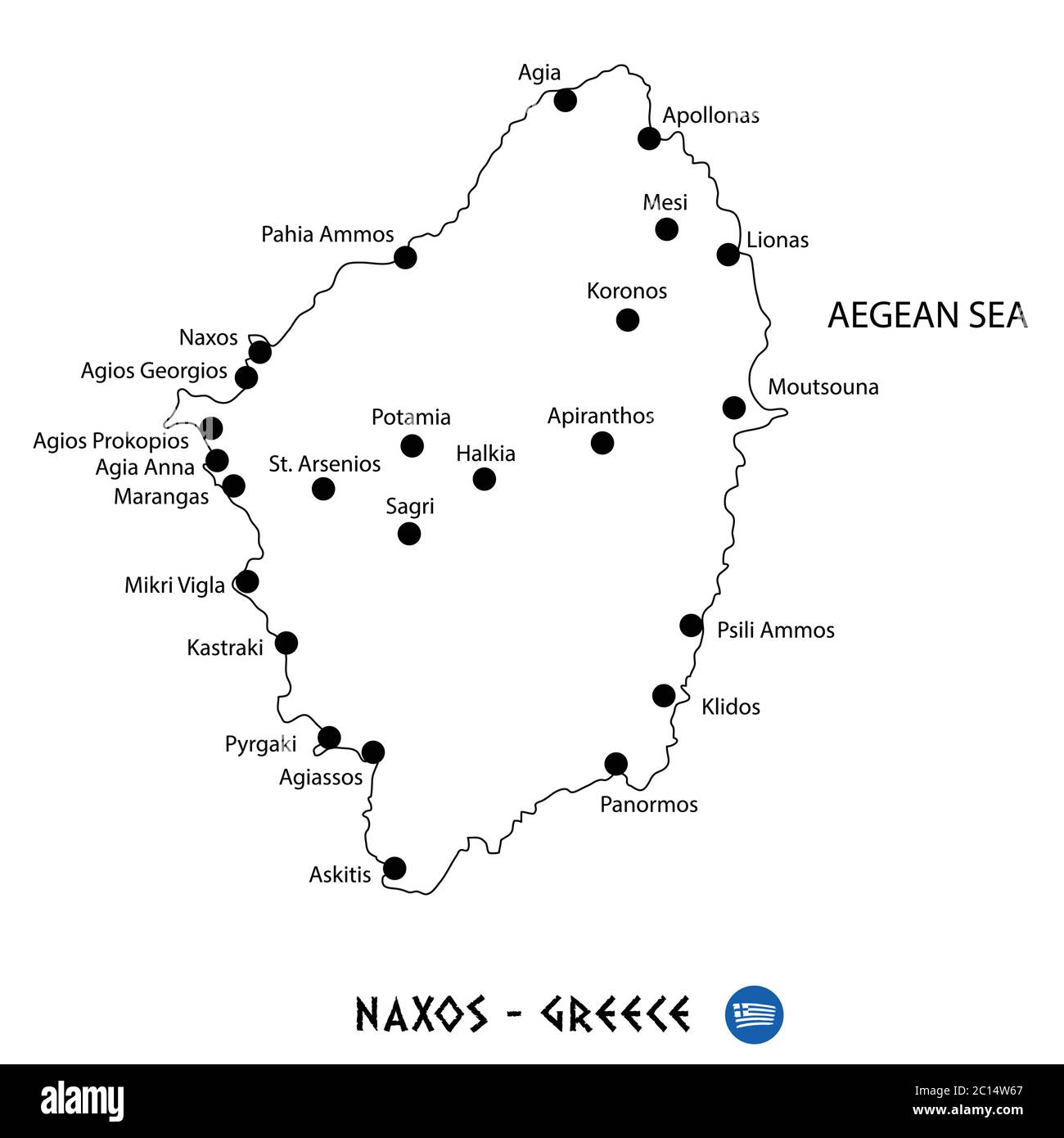 Insel Naxos in Griechenland Kartenkunst auf weißem Hintergrund Stock Vektor