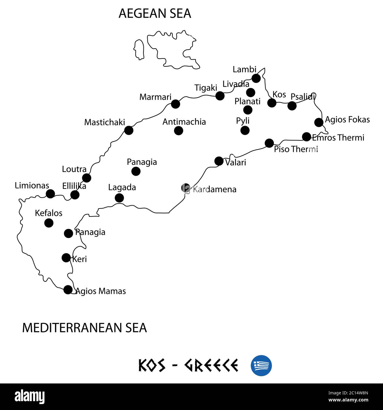 Insel Kos in Griechenland Kartenkunst auf weißem Hintergrund Stock Vektor