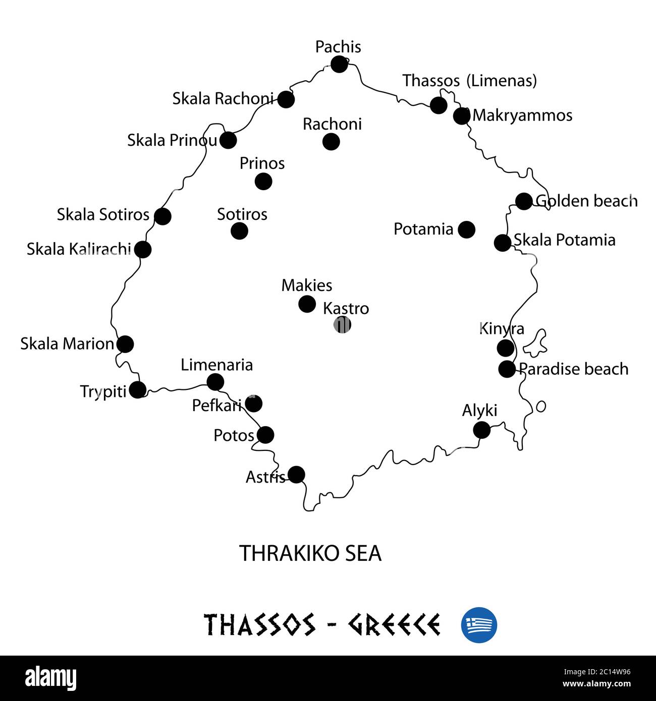 Insel Thassos in Griechenland Kartenkunst auf weißem Hintergrund Stock Vektor
