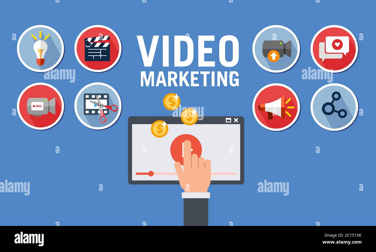 Flaches Sticker-Symbol von einem Video-Marketing-Prozess zu monetarisieren, um einen viralen Video-Kanal. Vektorpaket für Videoelemente. Stock Vektor