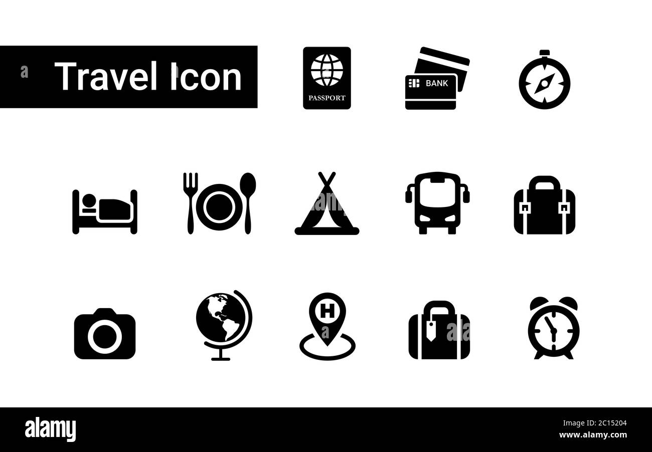 Einfaches, flaches, minimalistisches Reisesymbol. Satz Reisesymbole für grafische Ressourcen für Urlaubsdienste. Tourismus Vektor Grafik Element Stock Vektor