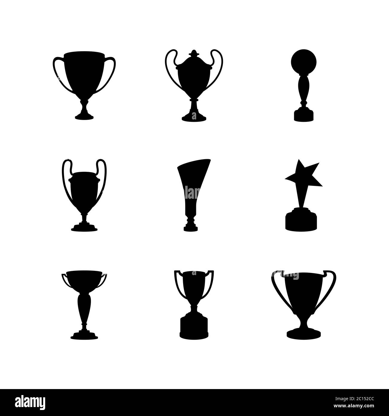 Silhouetten verschiedener Trophäenvarianten für den Sieger einer Meisterschaft. Pokaldesign als Champion-Auszeichnung. Stock Vektor