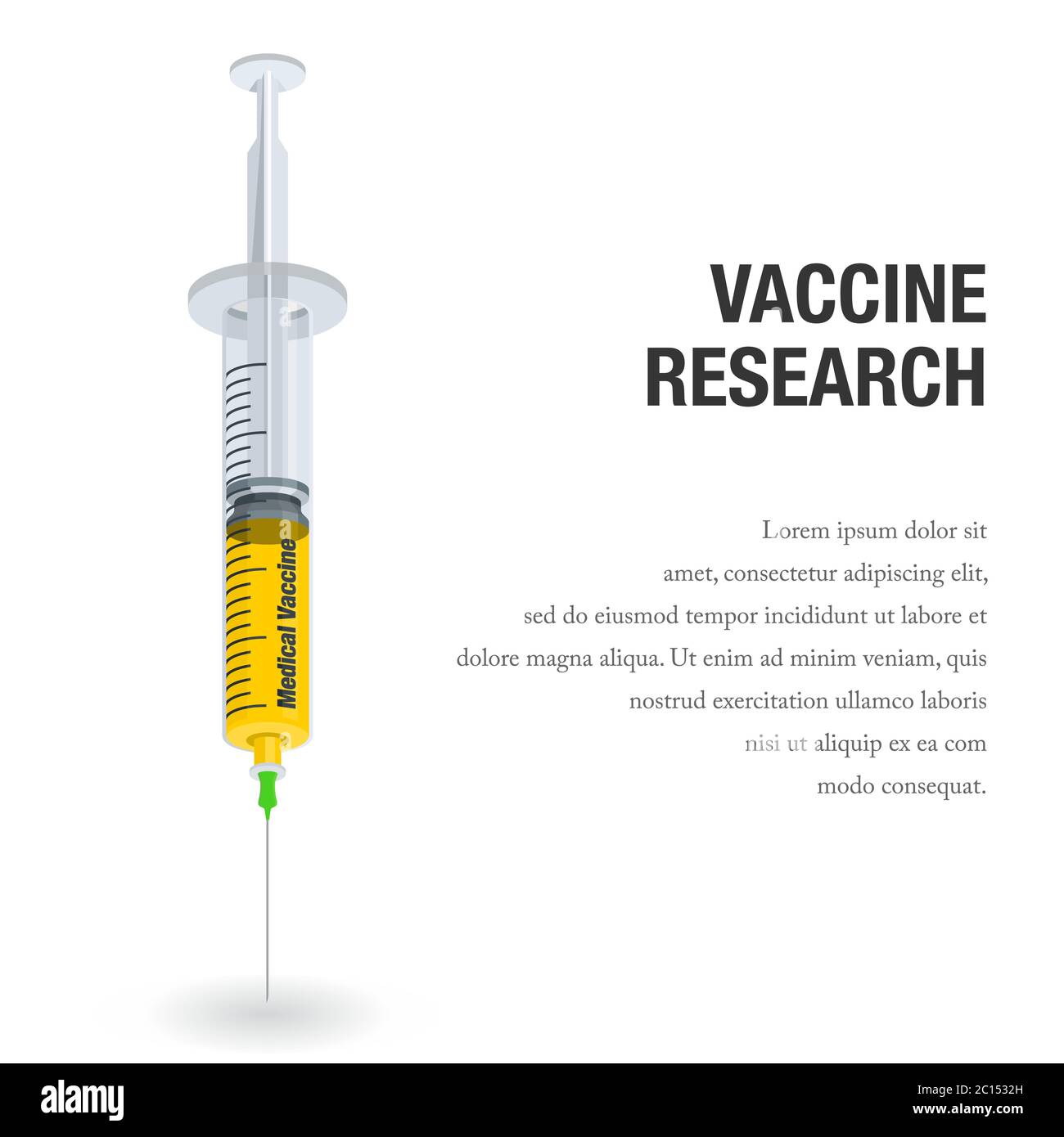 Vektordarstellung einer Spritze mit Impfstoffflüssigkeit. Geeignet für Banner Kampagne Heilung Virusausbrüche und Forschung Infektionskrankheiten Virus. Stock Vektor