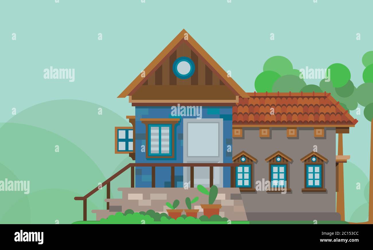 Vektor-Illustration eines Familienhauses in der Landschaft mit schöner Naturlandschaft. Perfekt für einen Wochenendausflug in einer Bergvilla. Stock Vektor