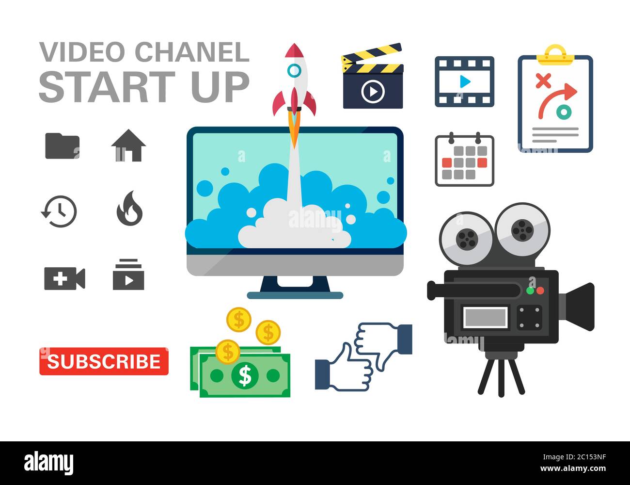 Eine Sammlung von Symbolen aus Werbeaktionen für Videokanäle. Geeignet für Design-Elemente der viralen Kanal Start-up-Werbung, Content-Schöpfer, Videografie Stock Vektor