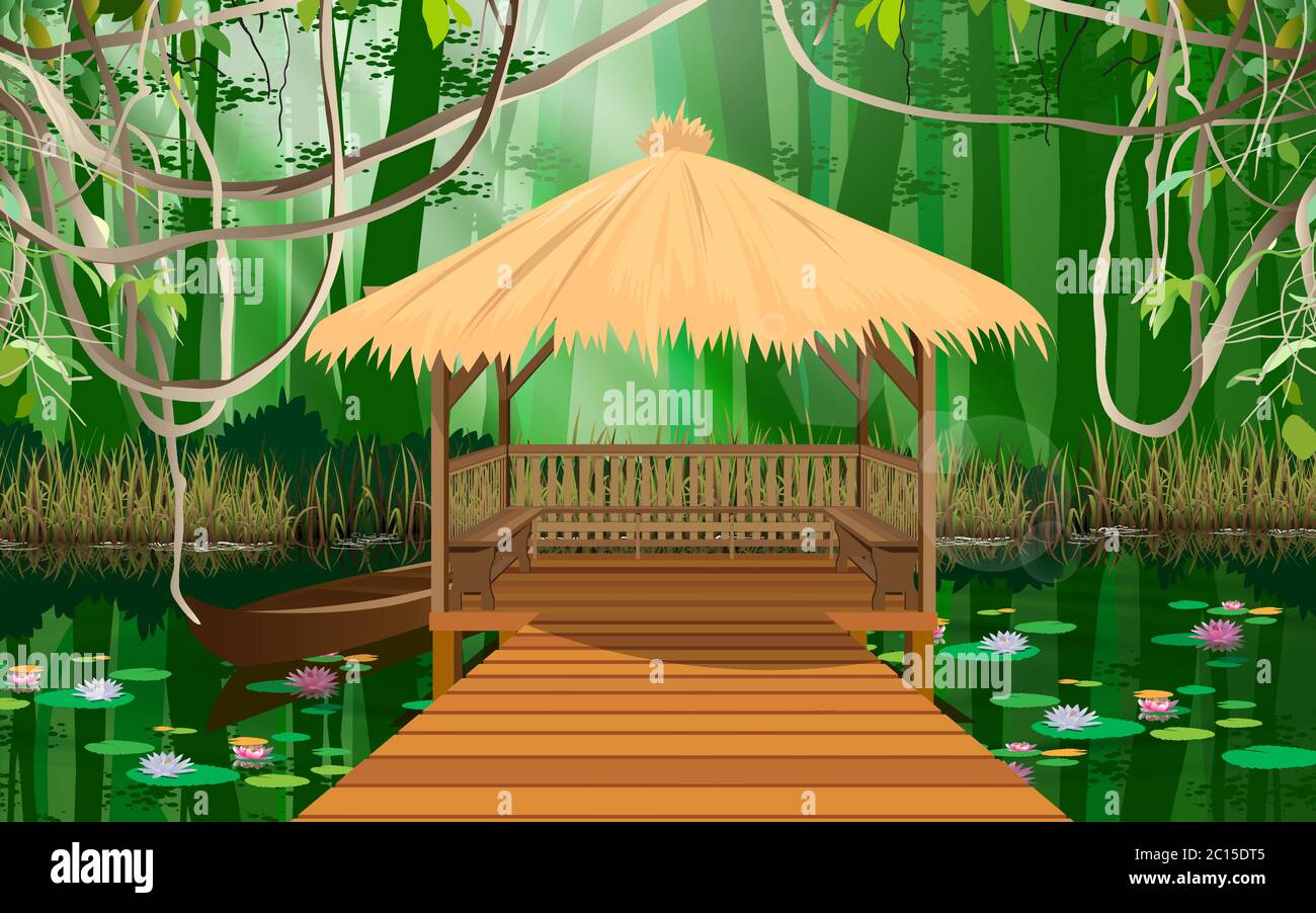 Blick auf den hölzernen Pavillon am Fluss im Dschungel Stock Vektor