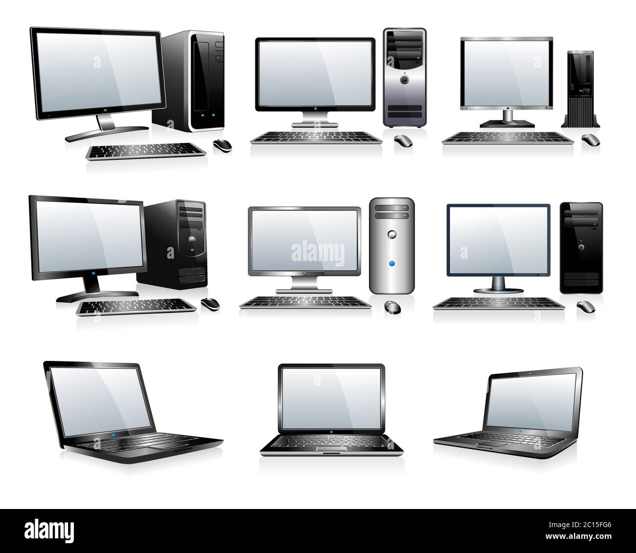 Computertechnik - Computer, Laptops, Desktops, PC, 3D-Computer mit Monitor-Tastatur und Maus Stock Vektor