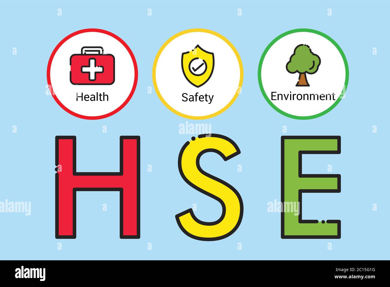 HSE-Konzept, Health Safety Environment Akronym, Vektor-Symbol-Design Stock Vektor