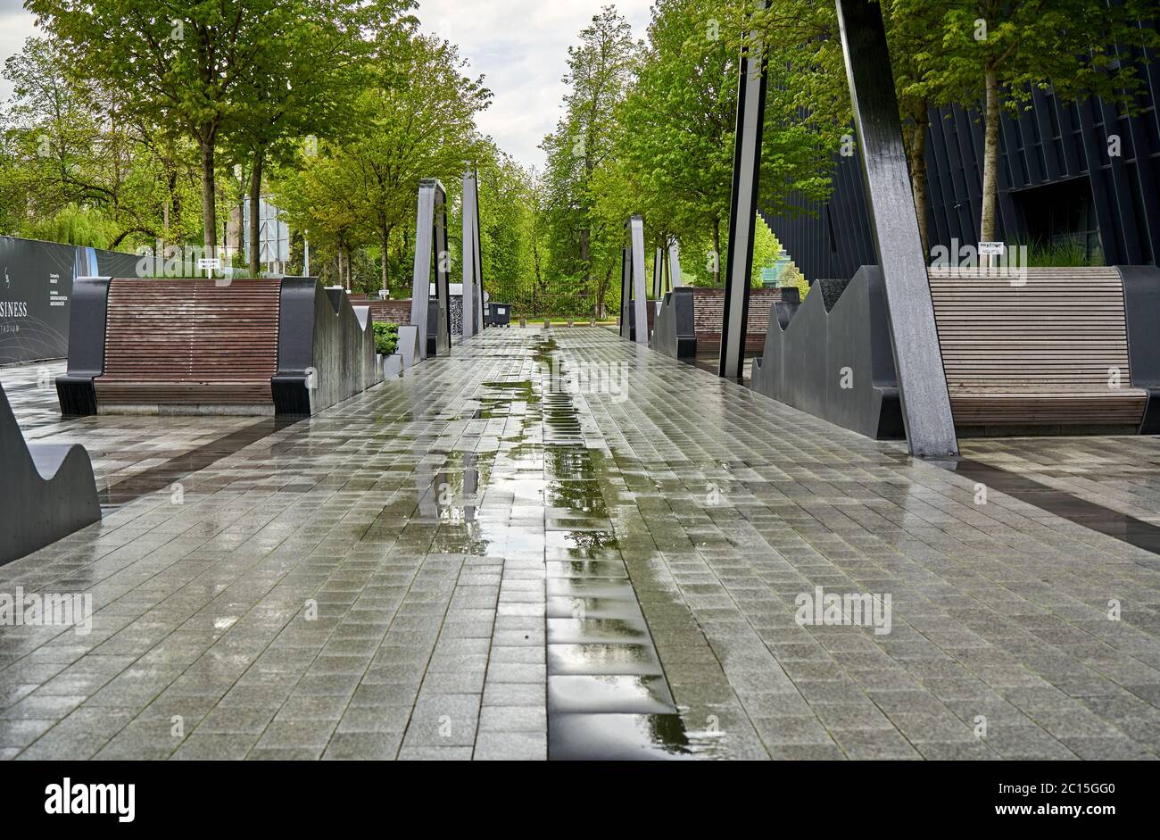 Gasse mit Bänken und Bäumen nach dem Regen Stockfoto