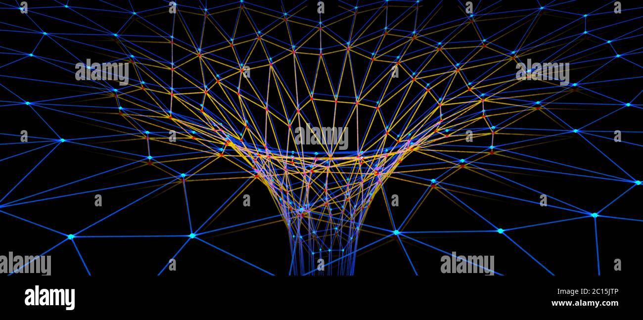 Abstrakte Darstellung eines Wurmlochs aus Linien und Punkten - 3d-Illustration Stockfoto