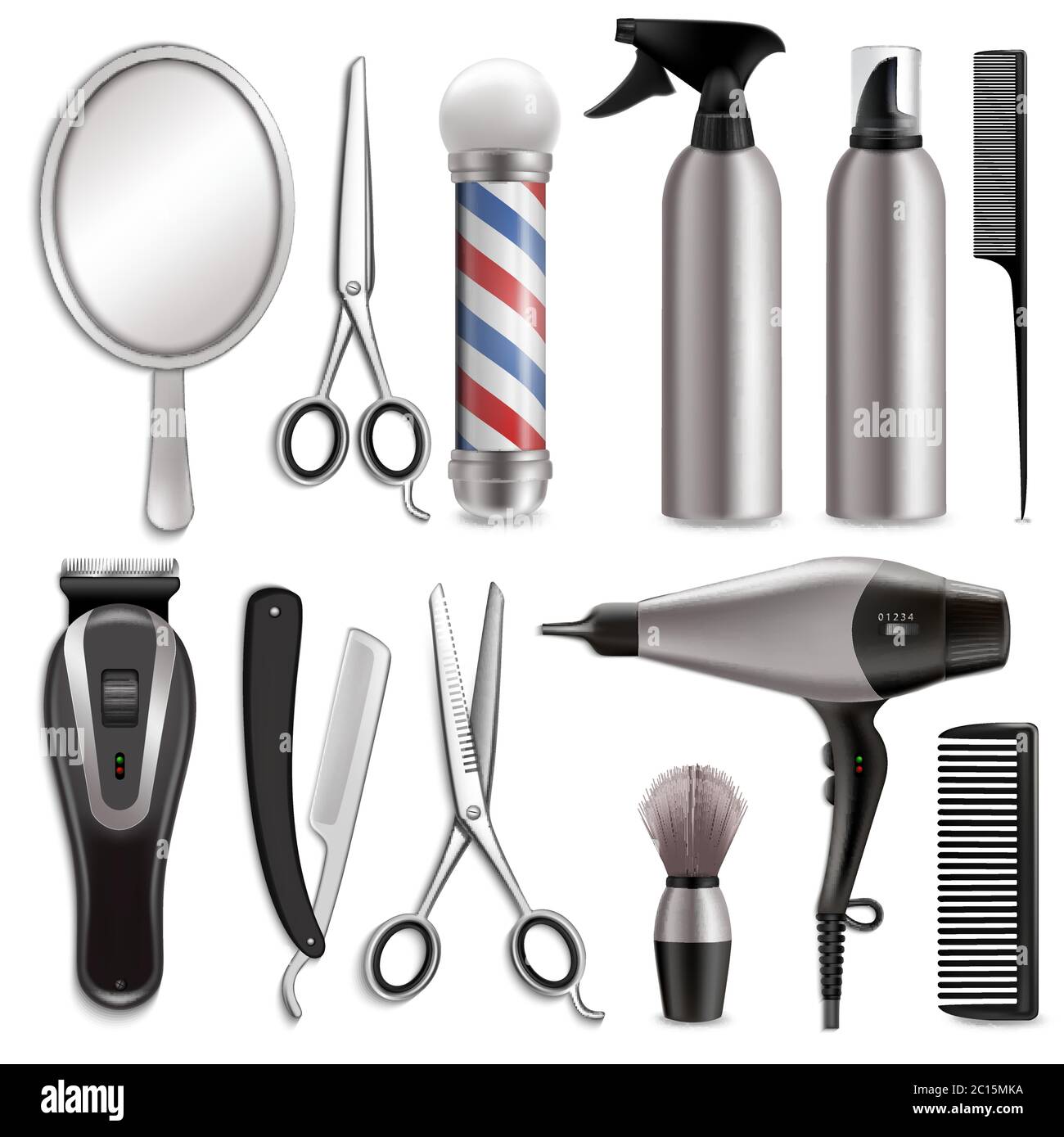 Barber-Werkzeug-Set, Vektor isolierte Illustration. Spiegel, Schere, Kamm, Haartrockner, Haarschneider andere Friseurzubehör. Barbershop, Frisur, b Stock Vektor