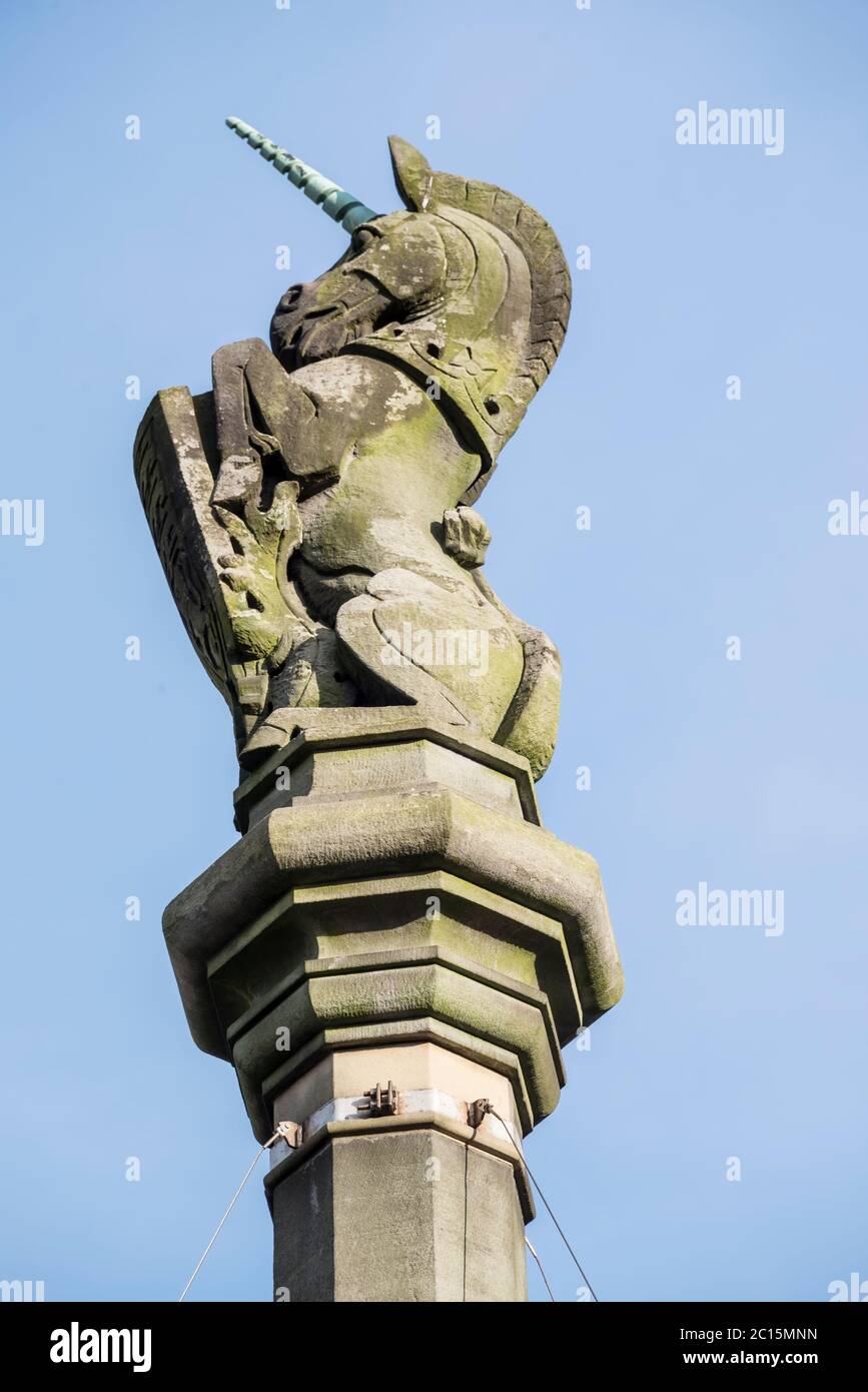 Unicorn, Mercat Cross, Saltmarket, Glasgow Cross, Schottland. Stockfoto