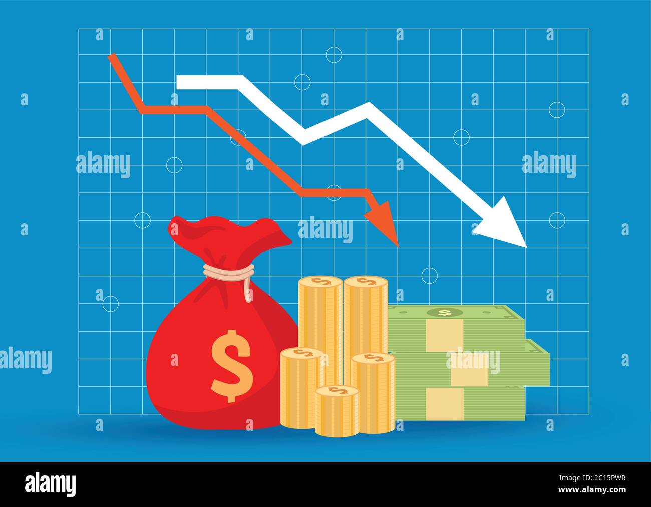 Krise der Unternehmensfinanzierung, Diagramm unten, rote Pfeile, Vektordesign Stock Vektor
