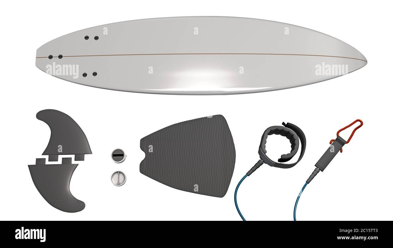 Teile eines Surfbretts nebeneinander aufgereiht - 3d Illustration Stockfoto