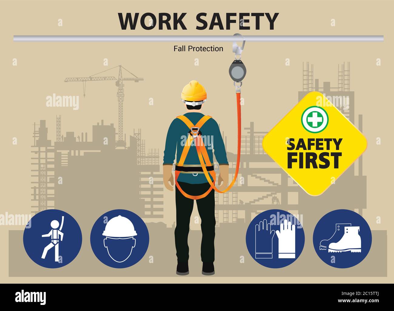 Fallschutz, Sicherheit der Bauarbeiter zuerst, Vektordesign Stock Vektor