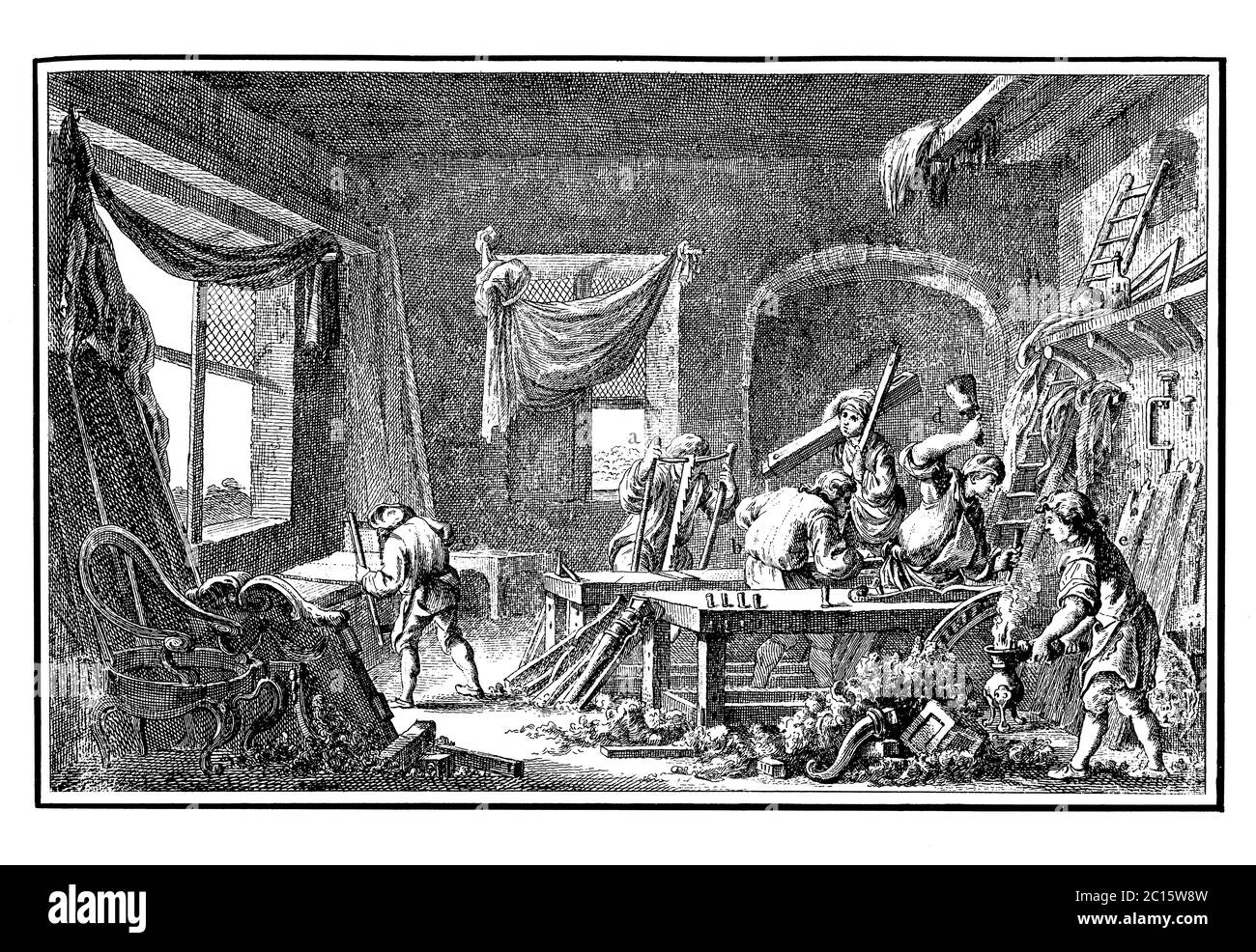 Antike Illustration der französischen Möbelarbeit für den Stuhlbau. Veröffentlicht in „A Diderot Pictorial Encyclopedia of Trades and Industry Stockfoto