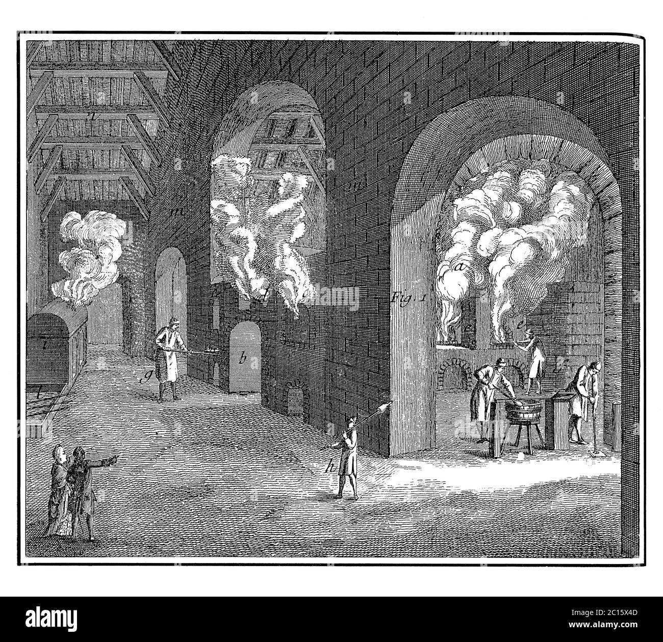Antike Illustration einer Kohle brennenden Flasche arbeitet. Veröffentlicht in 'EINE Diderot bildliche Enzyklopädie des Trades und der Industrie. Fertigung und Technik Stockfoto