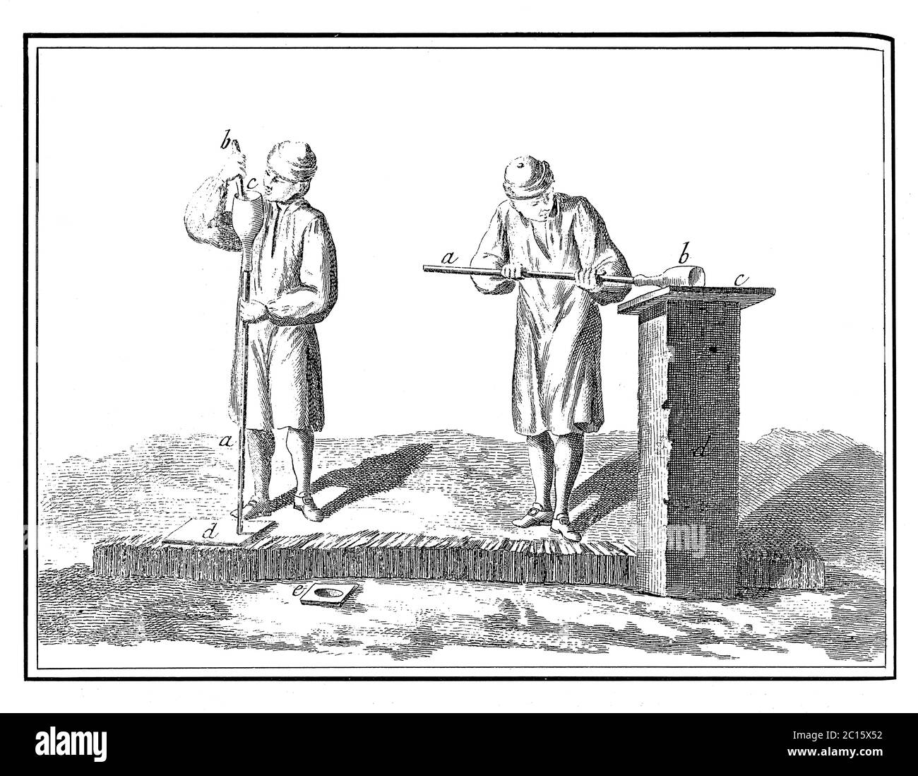 Antike Illustration, wie Arbeiter drücken unten in die Flasche, dann Rollen in Form. Veröffentlicht in 'A Diderot bildliche Enzyklopädie des Trades Stockfoto