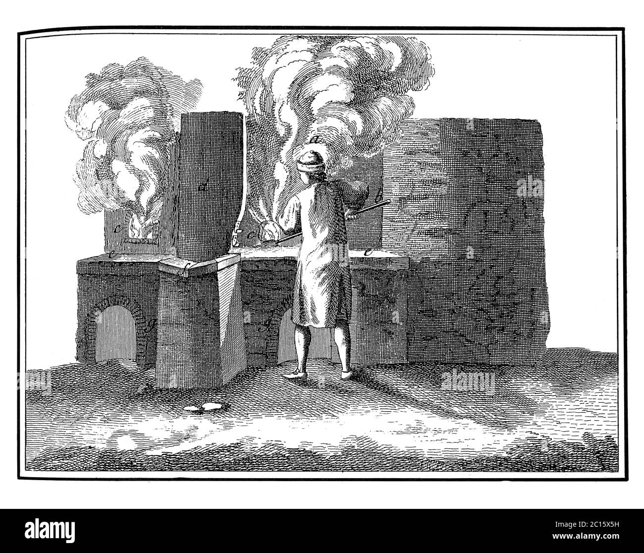 Antike Illustration einer Kohle brennenden Flasche arbeitet. Veröffentlicht in 'EINE Diderot bildliche Enzyklopädie des Trades und der Industrie. Fertigung und Technik Stockfoto