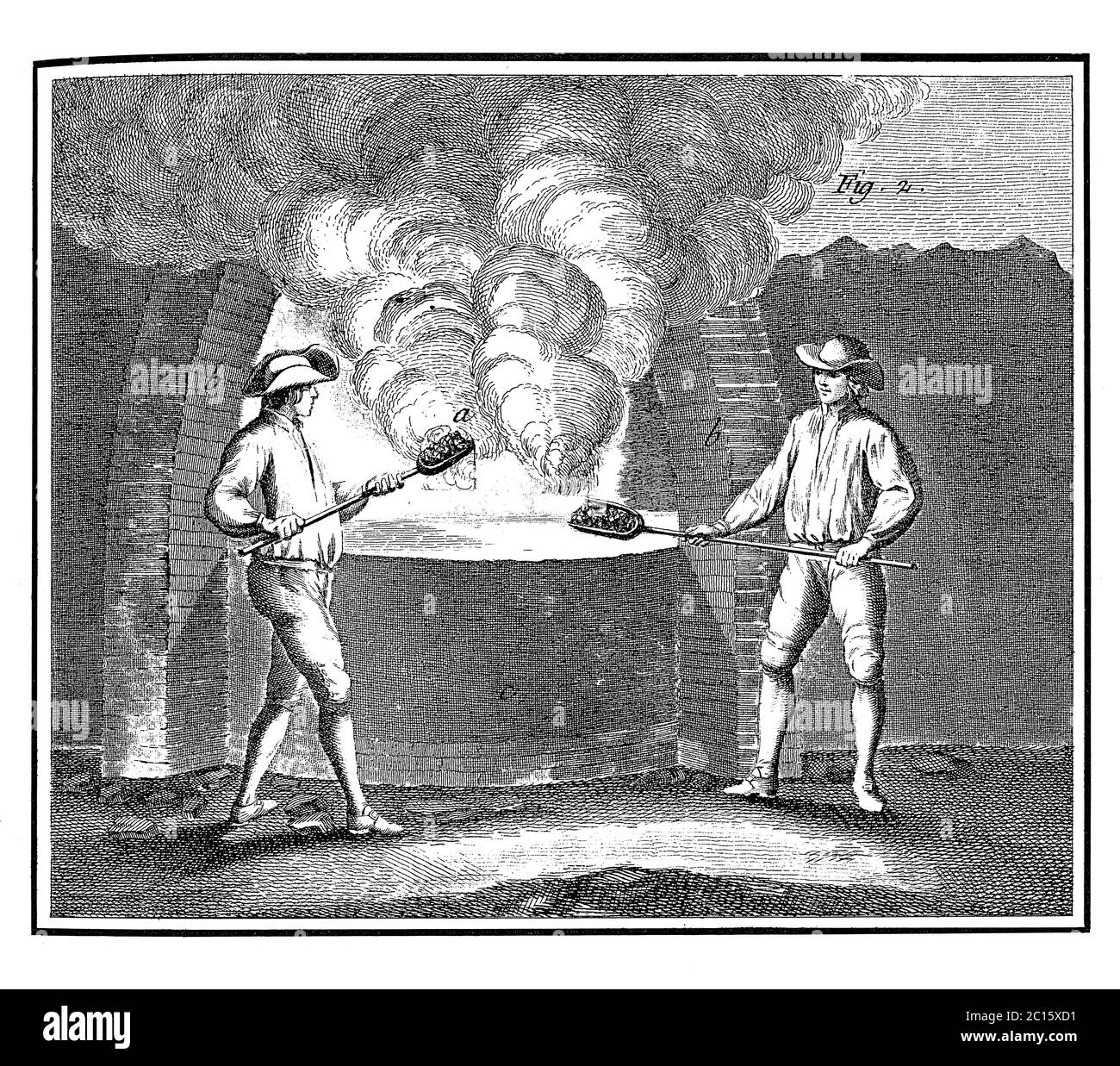 Antike Illustration der Herstellung von Glas - Ofen-Männer laden Mischung in einen Topf im Ofen, wo es zu Glas verschmolzen werden. Veröffentlicht in „A Dider Stockfoto