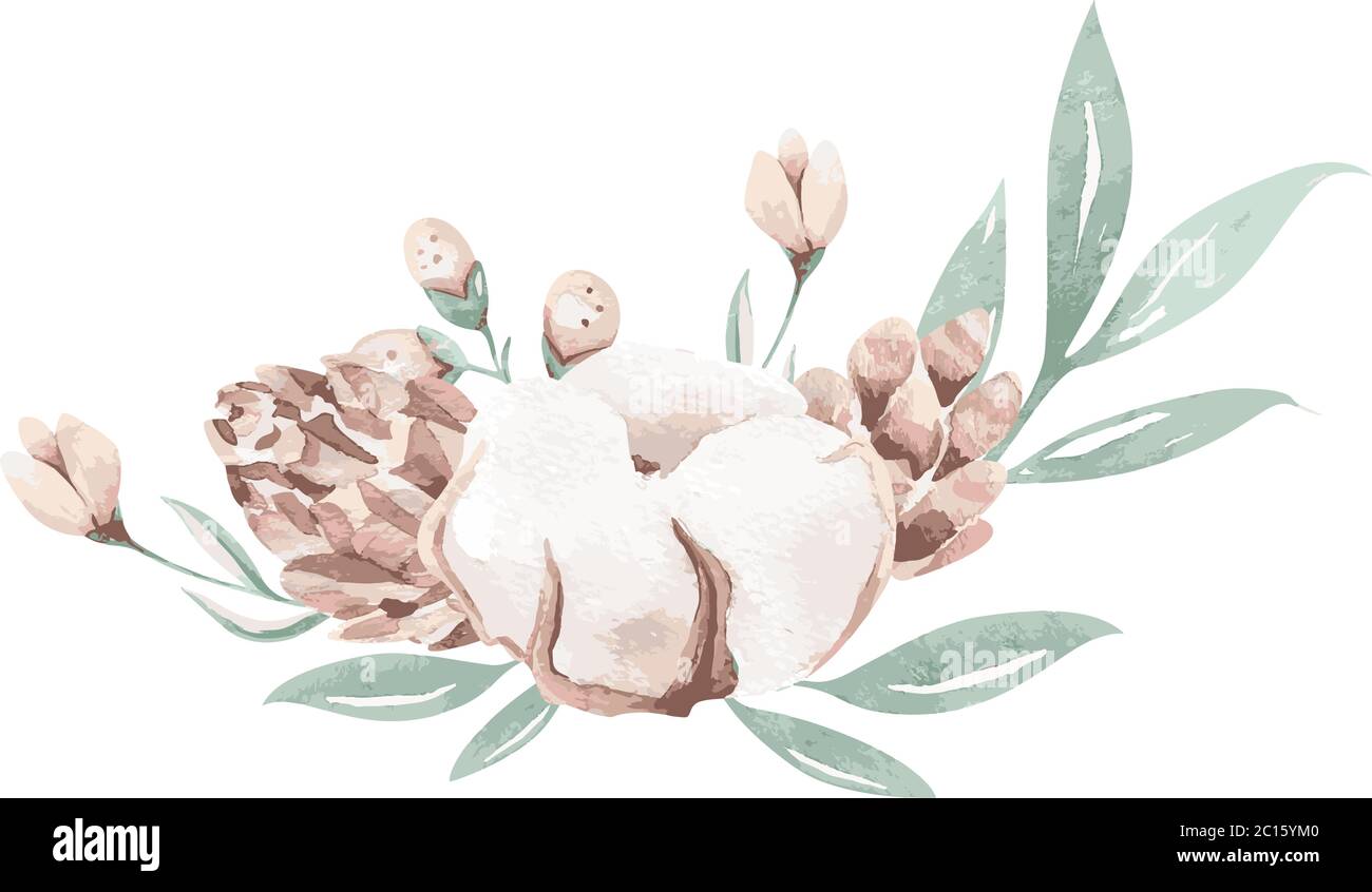 Vektor Aquarell Blumen Blumenstrauß Rahmen. Psring Dekoration mit protea und Baumwolle. Hochzeit Dekoration Kreis Stock Vektor