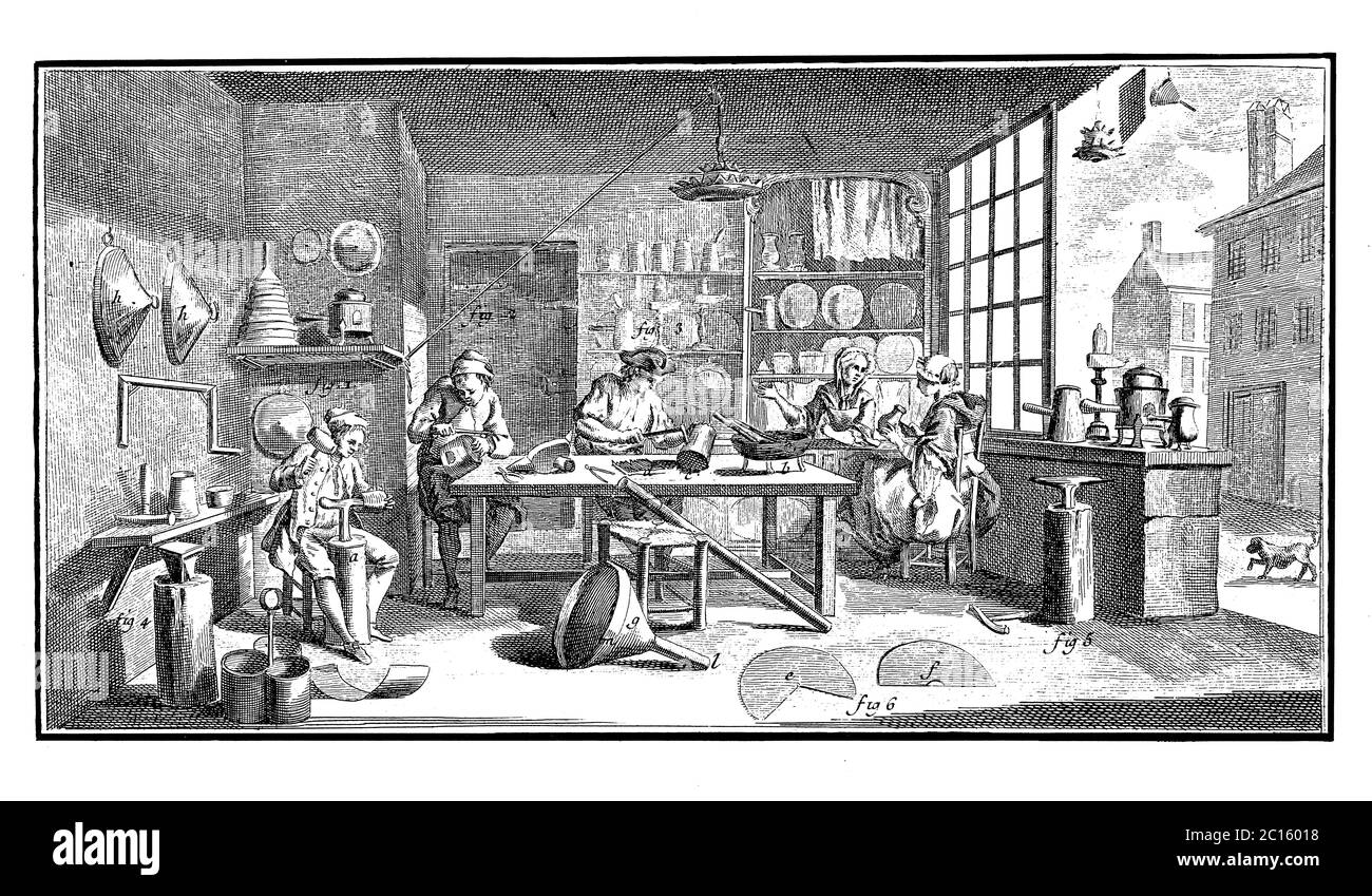 Illustration einer Werkstatt für Blechmacher aus dem 18. Jahrhundert. Veröffentlicht in 'EINE Diderot bildliche Enzyklopädie des Trades und der Industrie. Fertigung und Techn Stockfoto