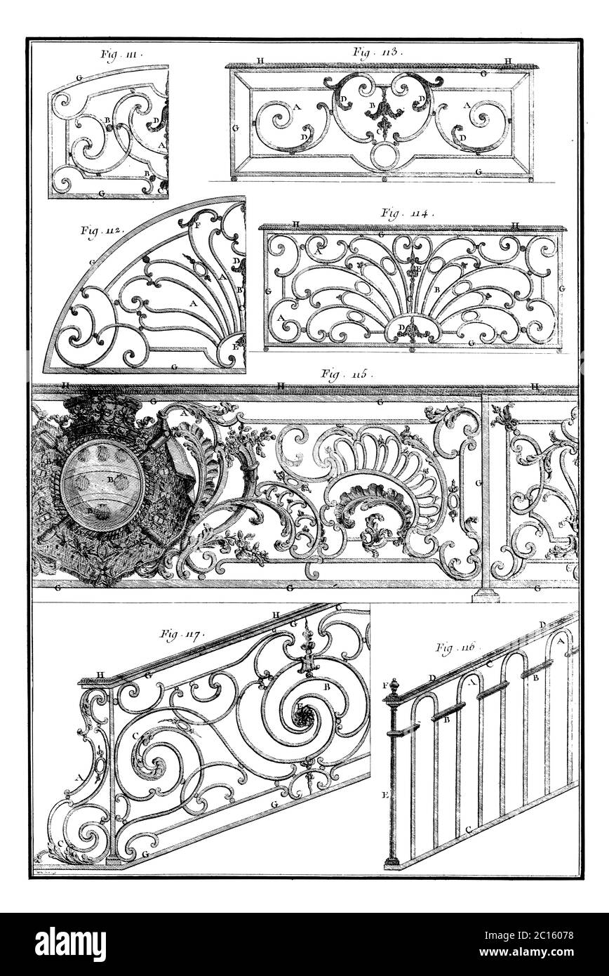 18. Jahrhundert Illustration von verschiedenen Entwürfen der Eisenverarbeitung. Veröffentlicht in 'EINE Diderot bildliche Enzyklopädie des Trades und der Industrie. Fertigung und die Stockfoto