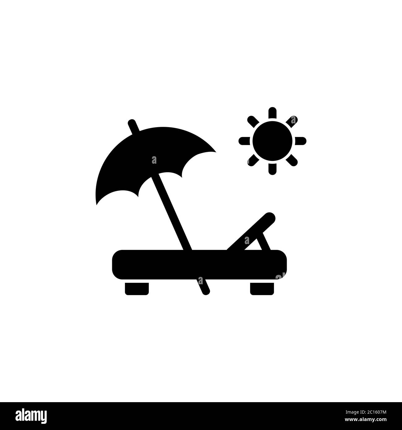 Sonnenschirm und Sonnenliege symbolischen Umriss. Vektor auf isoliertem weißem Hintergrund. Eps 10 Stock Vektor