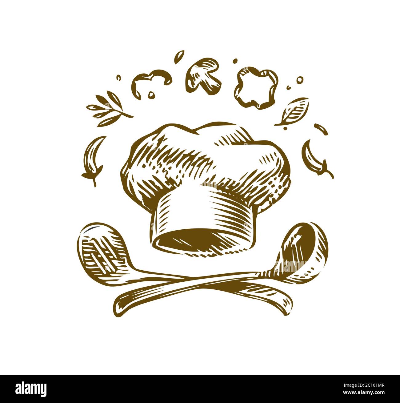 Handgezeichnetes Logo Kochen. Vintage-Vektorgrafik. Menügestaltung für Restaurant und Cafe Stock Vektor