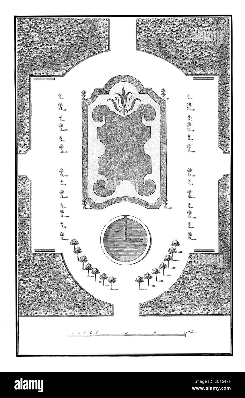 Illustration eines Gartens aus der Luft aus dem 18. Jahrhundert, entworfen von Adre le Notre (1613-1700), einem französischen Landschaftsdesigner. Veröffentlicht in 'A Diderot Pict Stockfoto