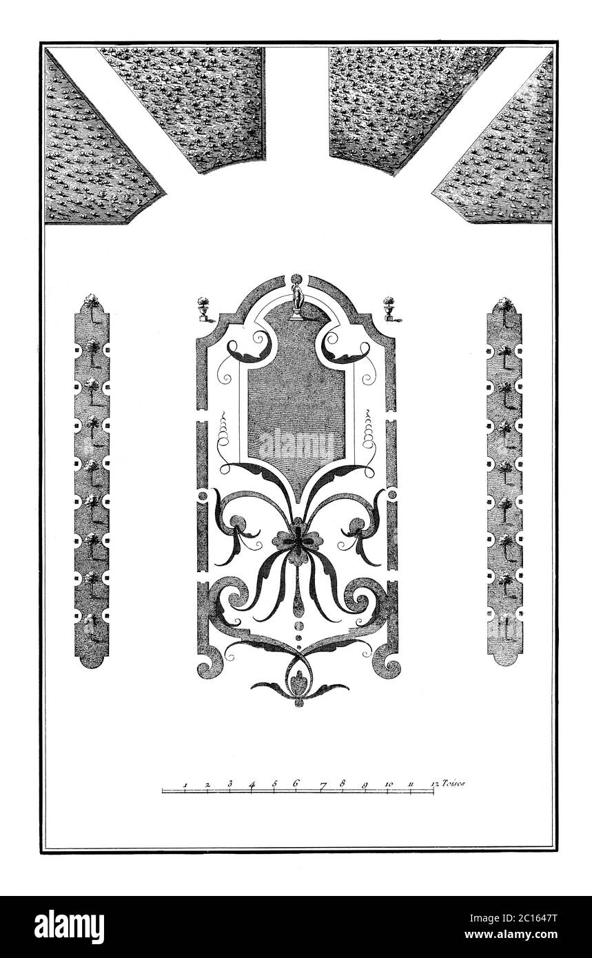 Antike Illustration eines Gartens aus der Luft, entworfen von Adre le Notre (1613-1700), einem französischen Landschaftsdesigner. Veröffentlicht in 'A Diderot Pictorial Stockfoto