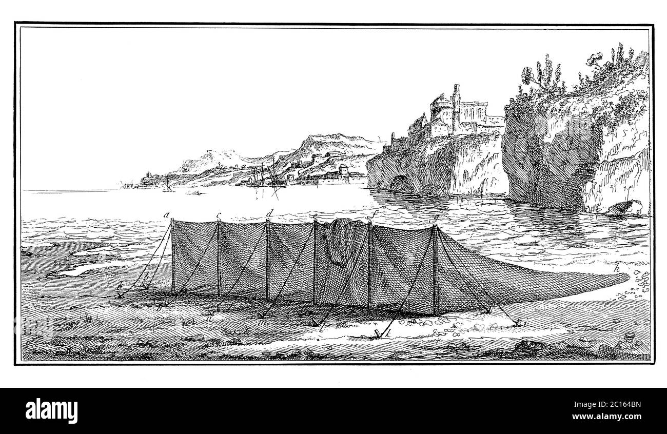 18. Jahrhundert Abbildung eines Fischernetzes. Veröffentlicht in 'EINE Diderot bildliche Enzyklopädie des Trades und der Industrie. Herstellung und die technische Kunst Stockfoto