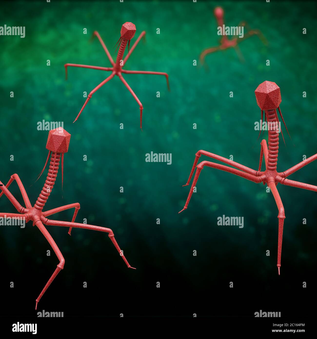 Bakteriophagen oder Phage-Virus in rot auf grünem Hintergrund - 3d-Illustration Stockfoto