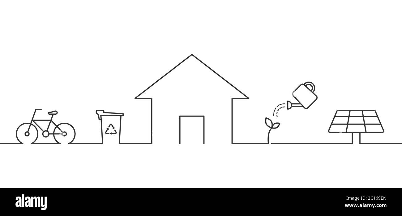 Green Living Konzept. Haus, Fahrrad, Papierkorb, Solaranlage, Anlage. Gehen Sie grüne Idee. Umweltfreundliches Zuhause. Symbole mit dünnen Linien. Schwarzer Umriss. Vektor Stock Vektor