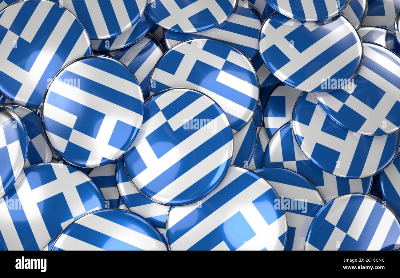 Griechenland Abzeichen Hintergrund - Haufen von griechischen Flagge Tasten. Stockfoto