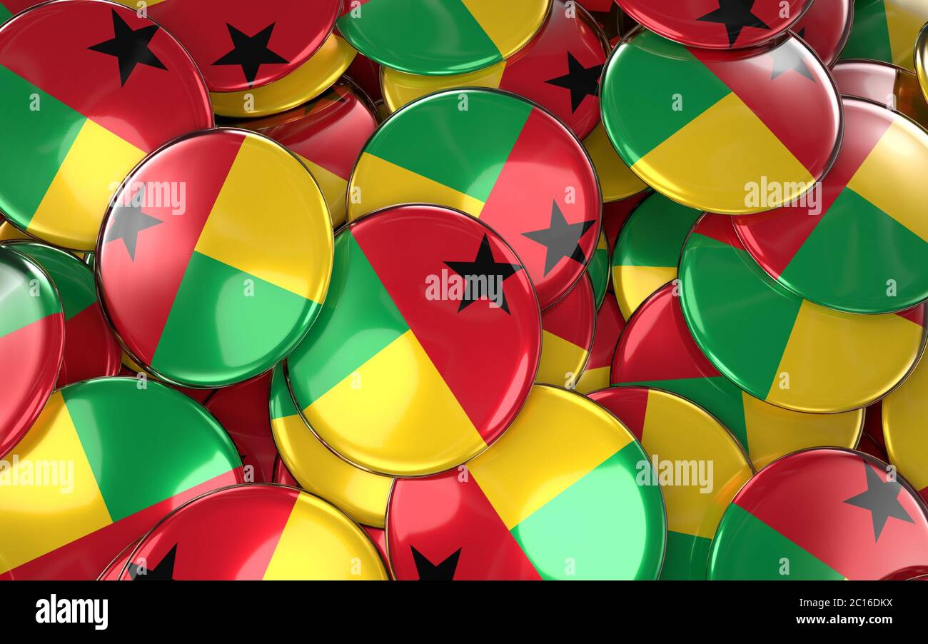 Guinea-Bissau Abzeichen Hintergrund - Stapel von Bissau-guinean Flaggen Tasten. Stockfoto