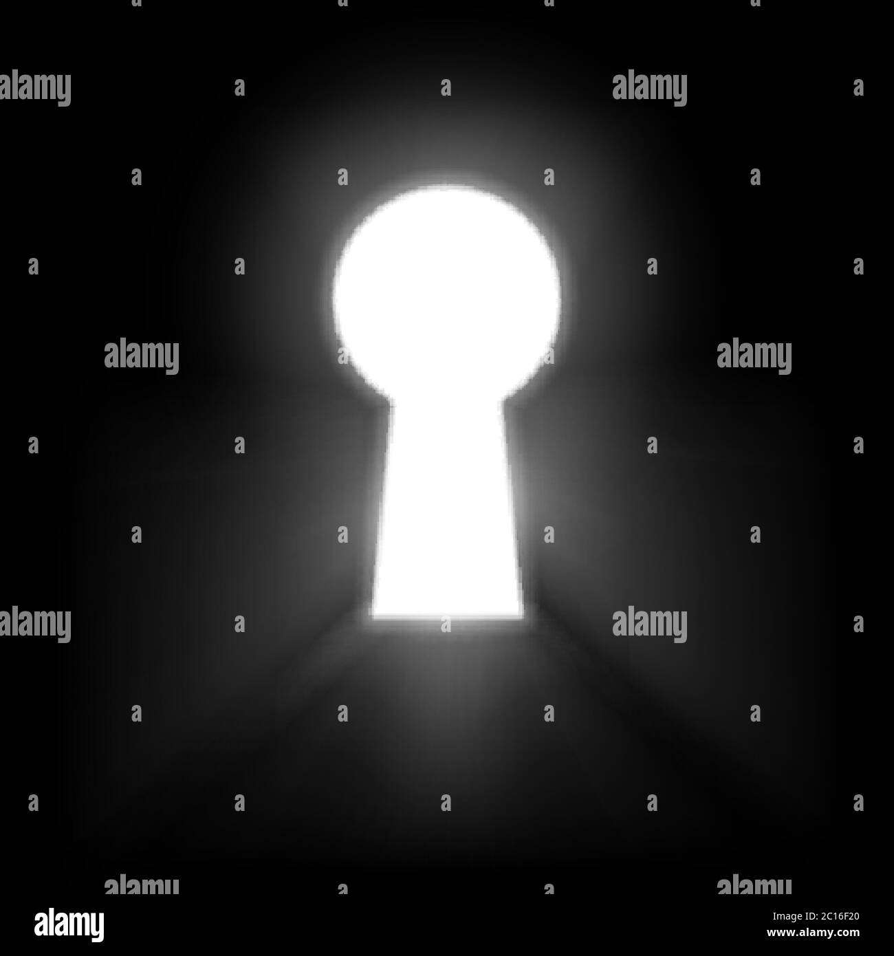 Schlüsselloch beleuchtete Lichtstrahlen isoliert auf schwarzem Hintergrund. Weißes Schlüsselloch-Symbol der Hoffnung oder des Erfolgs. Vektor Stock Vektor
