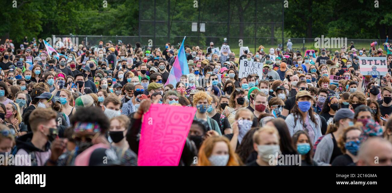 Juni 13, 2020. Roxbury, MA. Tausende versammelten sich im Franklin Park für eine Mahnwache, um das Bewusstsein für schwarze Transgender-Rechte zu schärfen und Geld für die zu sammeln Stockfoto