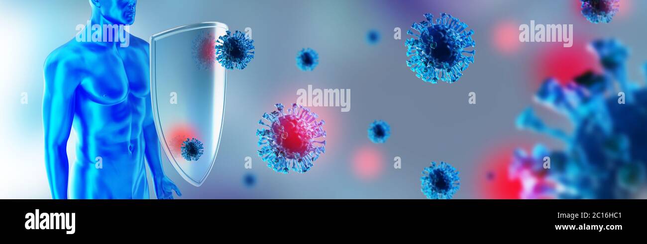 Immunsystem, Schutz vor Viren und Bakterien. Der Mensch schützt vor dem Coronavirus. Immunabwehr kämpft mit Viren. Covid-19. Stockfoto