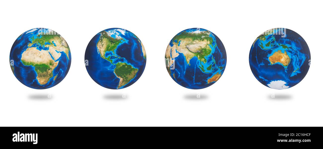Afrika, Asien, Europa, Amerika, Australien, die Erdteile. Erde auf weißem Hintergrund isoliert. Erdplanetenkugeln. 3d-Rendering. Stockfoto