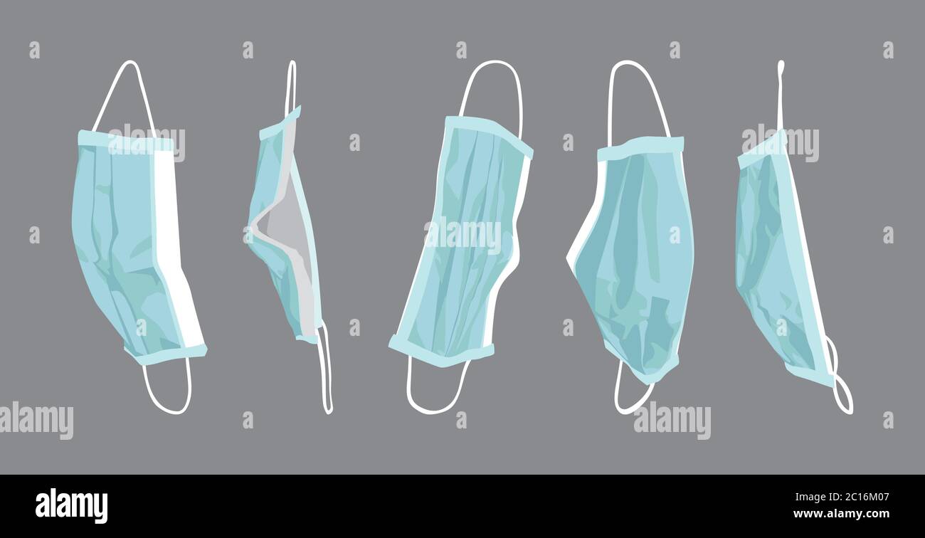 Handgezeichnete Vektordarstellung von abgenutzten, gebrauchten chirurgischen Gesichtsmasken, die einen gewissen Schutz gegen die Ausbreitung von Krankheiten und Viren bieten. Stock Vektor