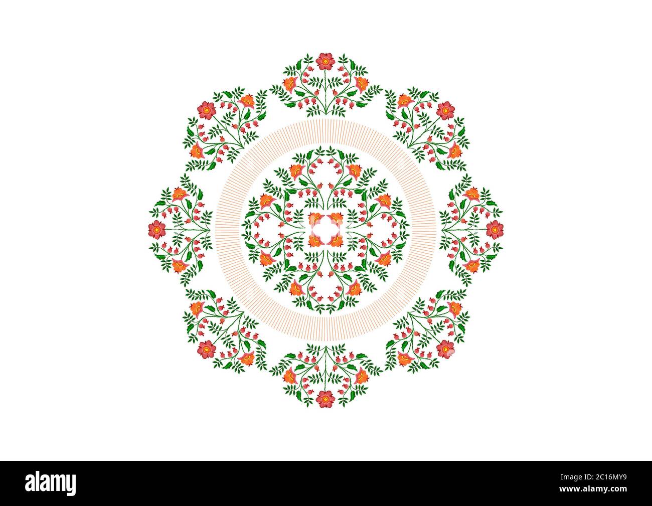 Rundes Muster von Blumensträußen rosa Blumen mit orangen Blütenblättern, Blättern und Beeren und gepunkteten Rand für die Stickerei auf weißem Hintergrund Stockfoto
