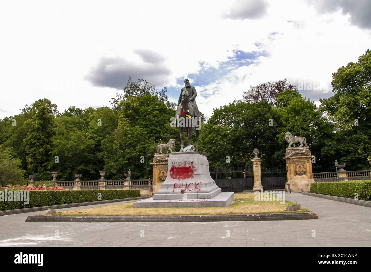 Black Lives Matter, Statue von König Leopold II, in Belgien von Aktivisten (Black Lives Matter), die die koloniale Vergangenheit anprangern, zerstört. Stockfoto