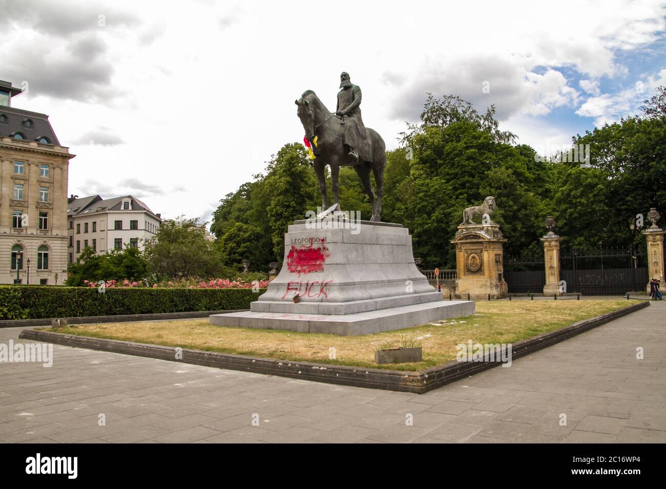 Black Lives Matter, Statue von König Leopold II, in Belgien von Aktivisten (Black Lives Matter), die die koloniale Vergangenheit anprangern, zerstört. Stockfoto